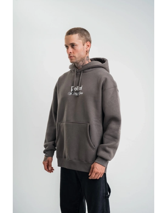 Erkek 3 İplik Kapüşonlu Hoodie Dijital Patchli SweatShirt - Füme