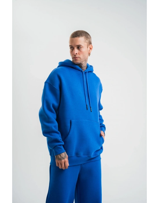 ERKEK 3 İplik Oversize Kapşonlu Basic SweatShirt Hoodie - Mavi