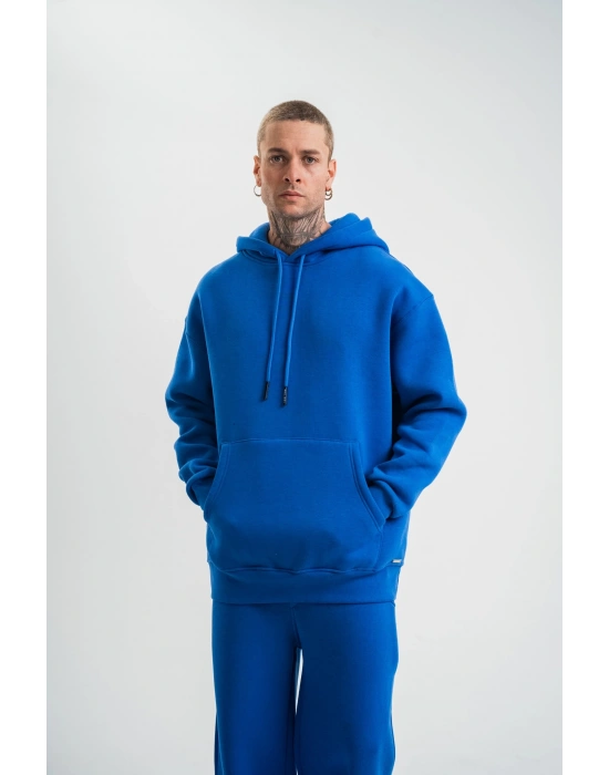 ERKEK 3 İplik Oversize Kapşonlu Basic SweatShirt Hoodie - Mavi