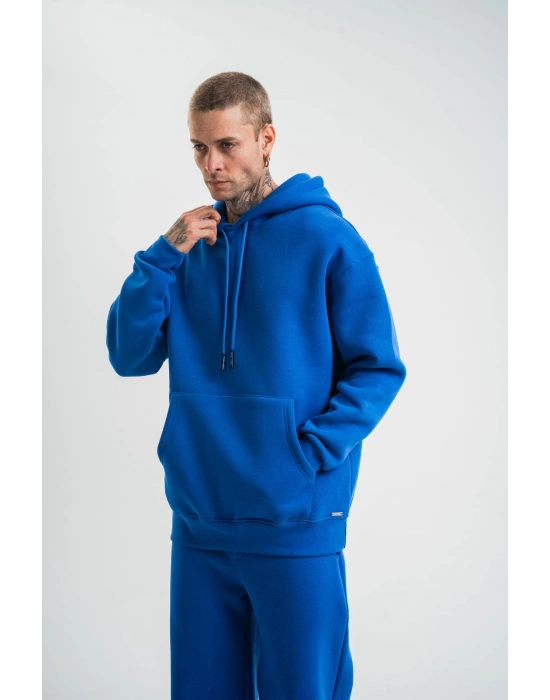 ERKEK 3 İplik Oversize Kapşonlu Basic SweatShirt Hoodie - Mavi