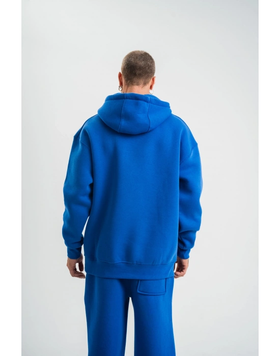 ERKEK 3 İplik Oversize Kapşonlu Basic SweatShirt Hoodie - Mavi