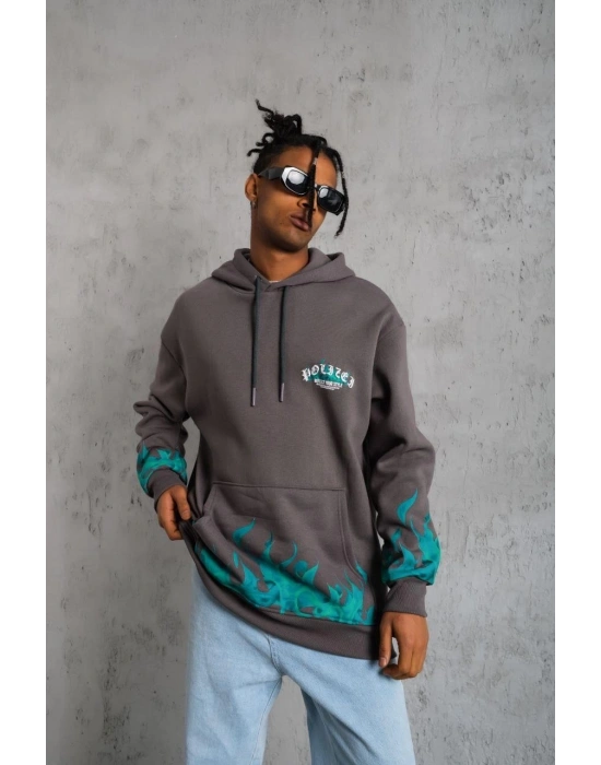 Erkek 3 iplik Pamuklu Alev Baskılı Kapüşonlu hoodie Sweatshirt - Gri