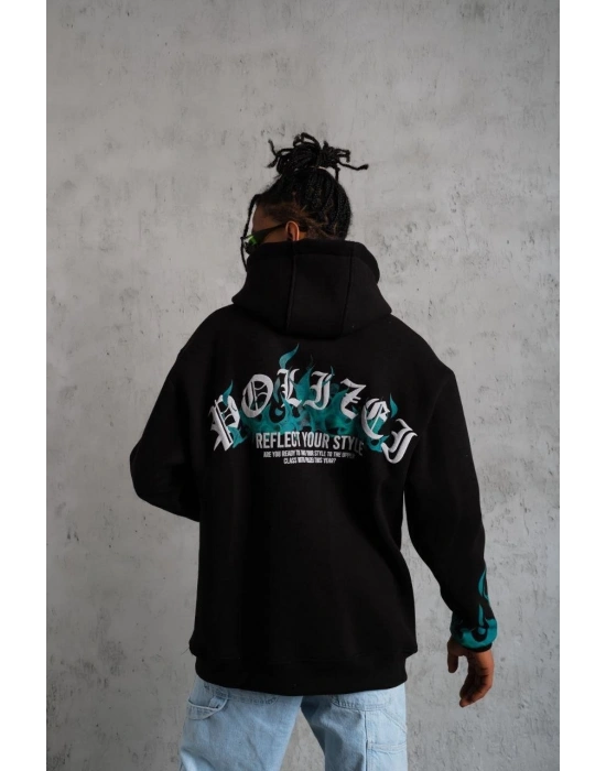 Erkek 3 İplik Pamuklu Alev Baskılı Kapüşonlu hoodie Sweatshirt - Siyah
