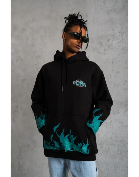 Erkek 3 İplik Pamuklu Alev Baskılı Kapüşonlu hoodie Sweatshirt - Siyah
