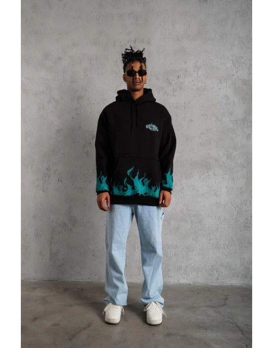 Erkek 3 İplik Pamuklu Alev Baskılı Kapüşonlu hoodie Sweatshirt - Siyah