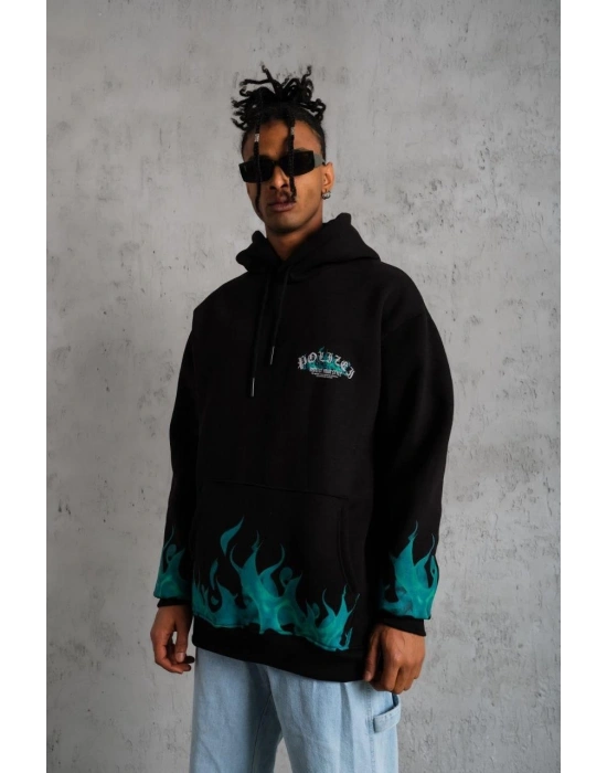 Erkek 3 İplik Pamuklu Alev Baskılı Kapüşonlu hoodie Sweatshirt - Siyah