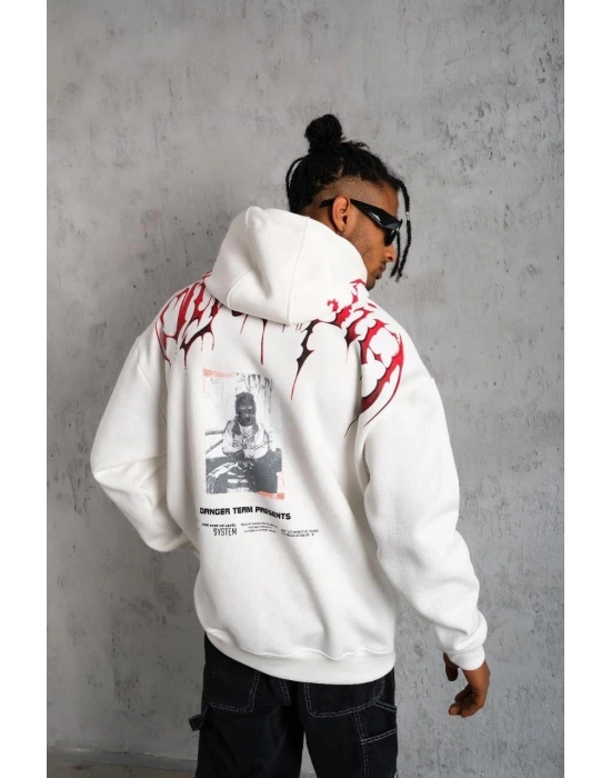 Erkek 3 İplik Pamuklu Baskılı Kapüşonlu Cepli Sweatshirt Hoodie - Beyaz