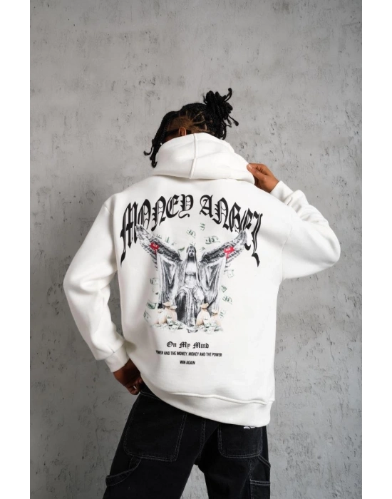 Erkek 3 İplik Pamuklu Baskılı Kapüşonlu Cepli Sweatshirt Hoodie - Beyaz