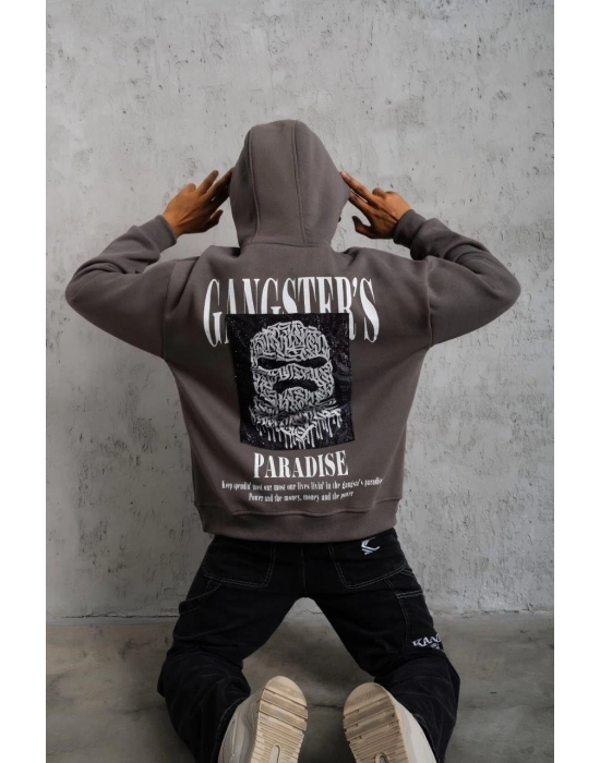 Erkek 3 İplik Pamuklu Baskılı Kapüşonlu Cepli Sweatshirt Hoodie - Gri