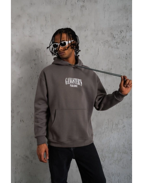 Erkek 3 İplik Pamuklu Baskılı Kapüşonlu Cepli Sweatshirt Hoodie - Gri