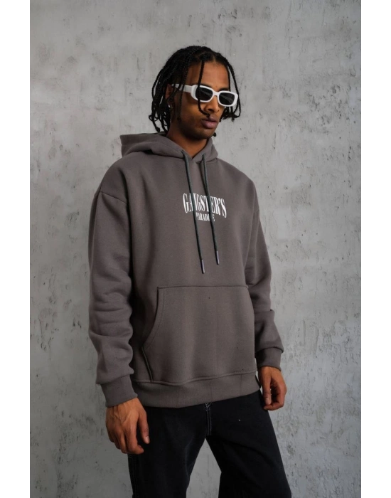 Erkek 3 İplik Pamuklu Baskılı Kapüşonlu Cepli Sweatshirt Hoodie - Gri