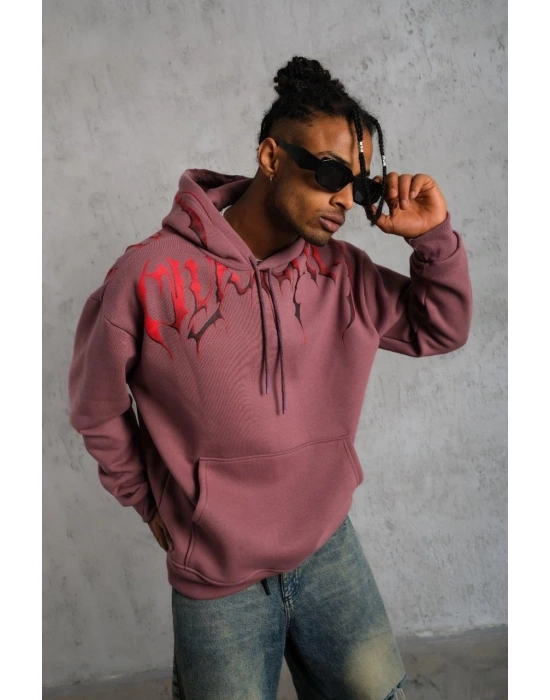 Erkek 3 İplik Pamuklu Baskılı Kapüşonlu Cepli Sweatshirt Hoodie - Gül Kurusu