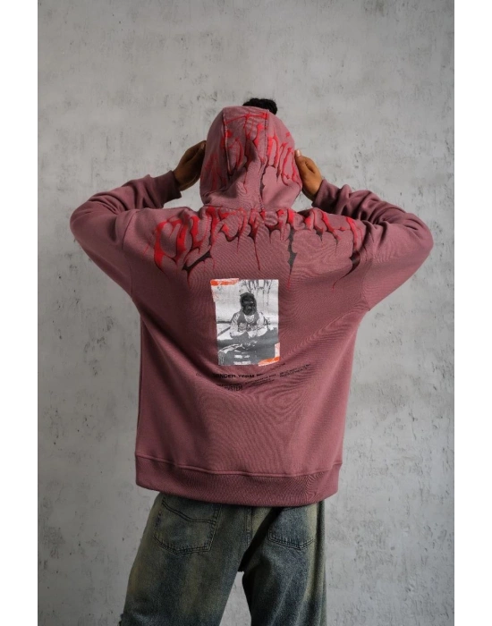 Erkek 3 İplik Pamuklu Baskılı Kapüşonlu Cepli Sweatshirt Hoodie - Gül Kurusu