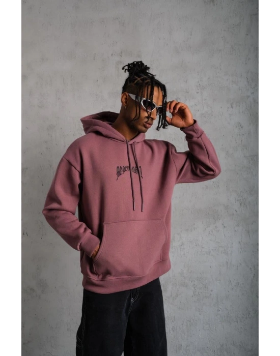 Erkek 3 İplik Pamuklu Baskılı Kapüşonlu Cepli Sweatshirt Hoodie - Gül Kurusu