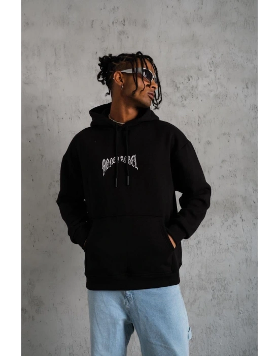 Erkek 3 İplik Pamuklu Baskılı Kapüşonlu Cepli Sweatshirt Hoodie - Siyah