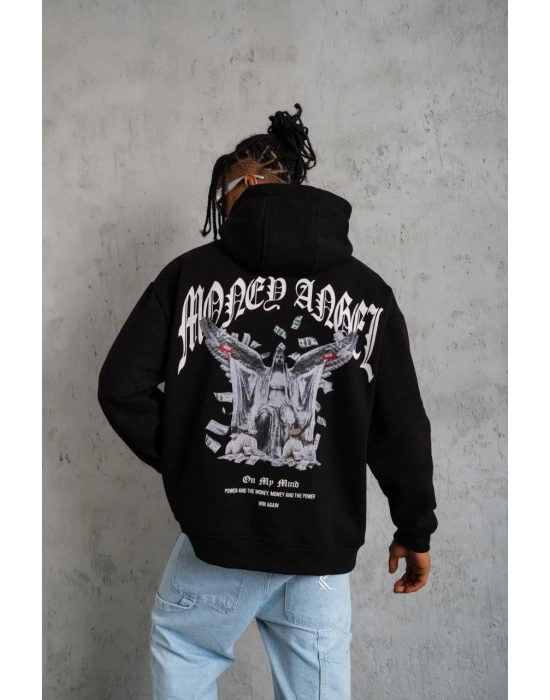 Erkek 3 İplik Pamuklu Baskılı Kapüşonlu Cepli Sweatshirt Hoodie - Siyah