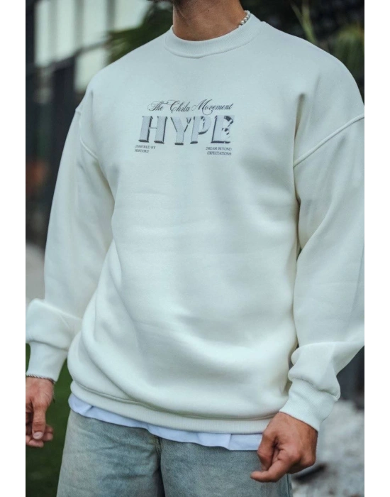Erkek 3 İplik Pamuklu Bisiklet Yaka Baskılı SweatShirt - Beyaz