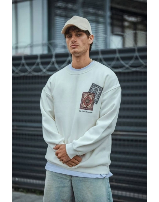 Erkek 3 iplik pamuklu Bisiklet Yaka Baskılı SweatShirt - Beyaz