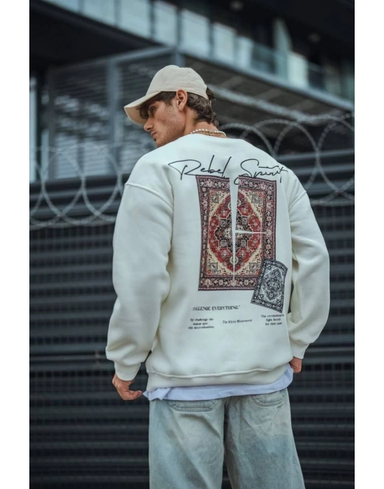 Erkek 3 iplik pamuklu Bisiklet Yaka Baskılı SweatShirt - Beyaz