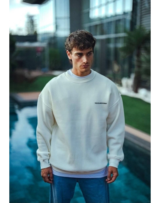 Erkek 3 iplik pamuklu Bisiklet Yaka Baskılı SweatShirt - Beyaz