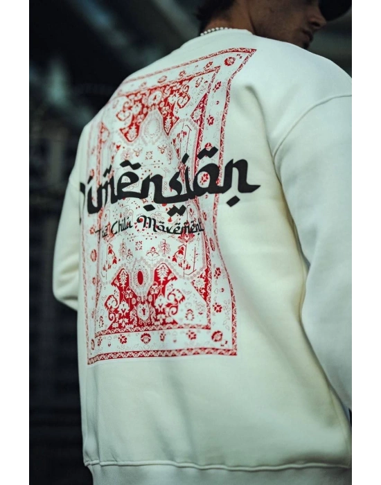 Erkek 3 iplik Pamuklu Bisiklet Yaka Baskılı SweatShirt - Beyaz