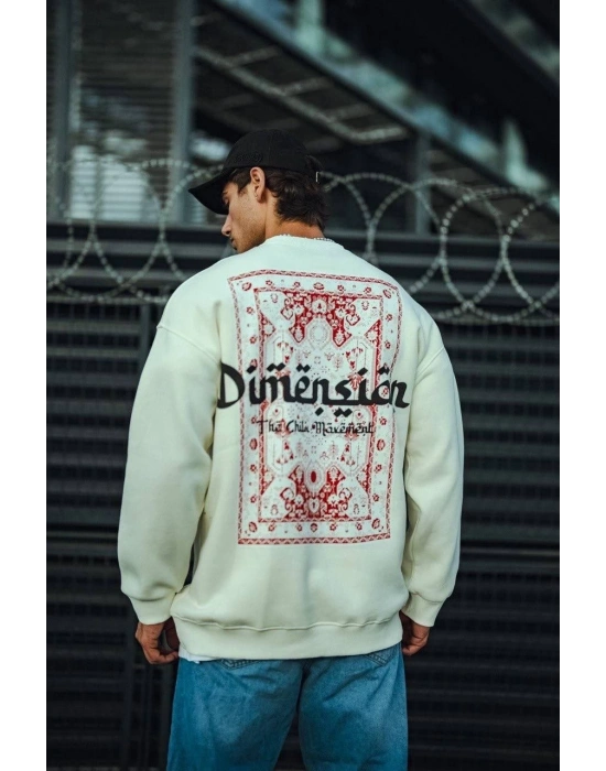 Erkek 3 iplik Pamuklu Bisiklet Yaka Baskılı SweatShirt - Beyaz