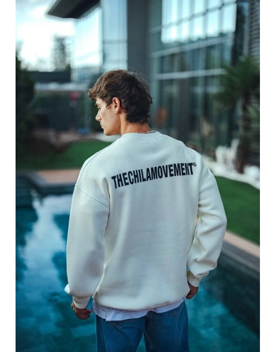 Erkek 3 iplik pamuklu Bisiklet Yaka Baskılı SweatShirt - Beyaz