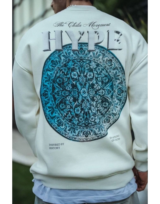 Erkek 3 İplik Pamuklu Bisiklet Yaka Baskılı SweatShirt - Beyaz