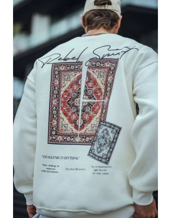 Erkek 3 iplik pamuklu Bisiklet Yaka Baskılı SweatShirt - Beyaz