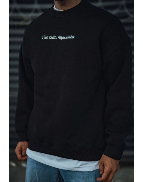 Erkek 3 iplik Pamuklu Bisiklet Yaka Baskılı SweatShirt - Siyah