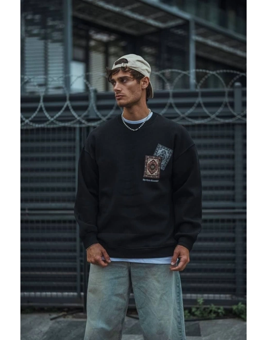 Erkek 3 iplik Pamuklu Bisiklet Yaka Baskılı SweatShirt - Siyah