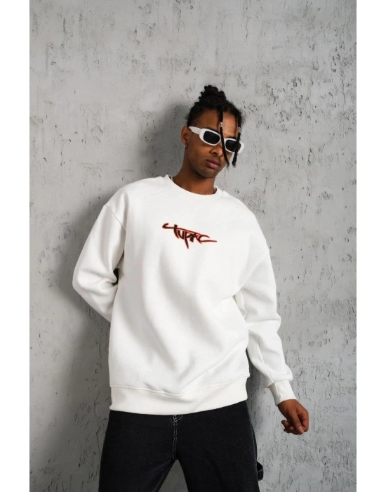 Erkek 3 İplik Pamuklu Bisiklet Yaka Gangster Baskılı Sweatshirt - Beyaz