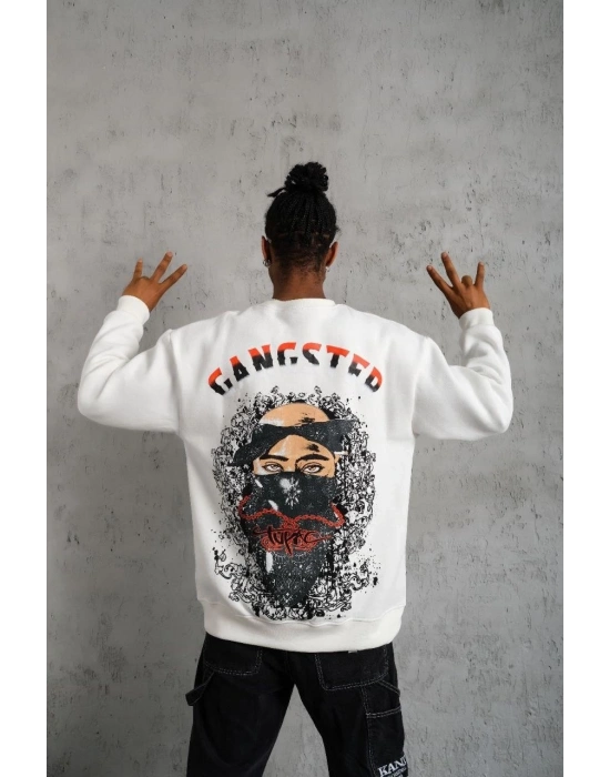 Erkek 3 İplik Pamuklu Bisiklet Yaka Gangster Baskılı Sweatshirt - Beyaz