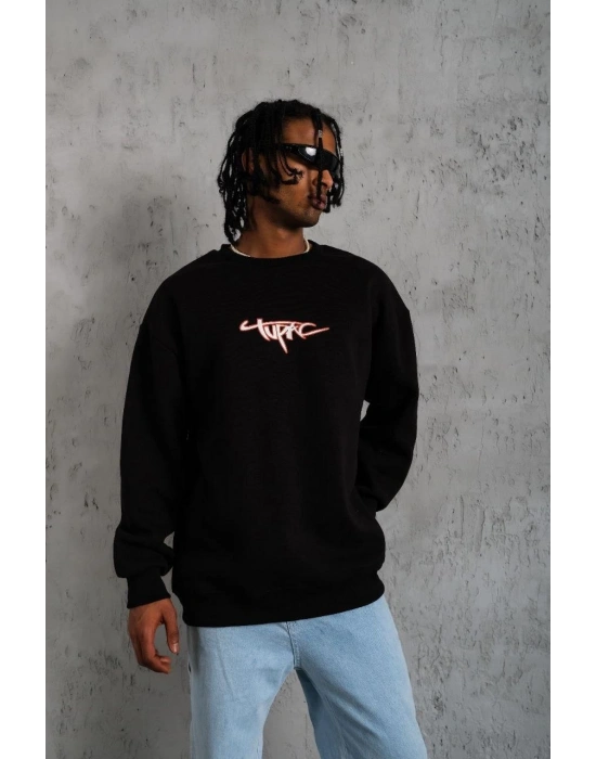 Erkek 3 İplik Pamuklu Bisiklet Yaka Gangster Baskılı Sweatshirt - Siyah