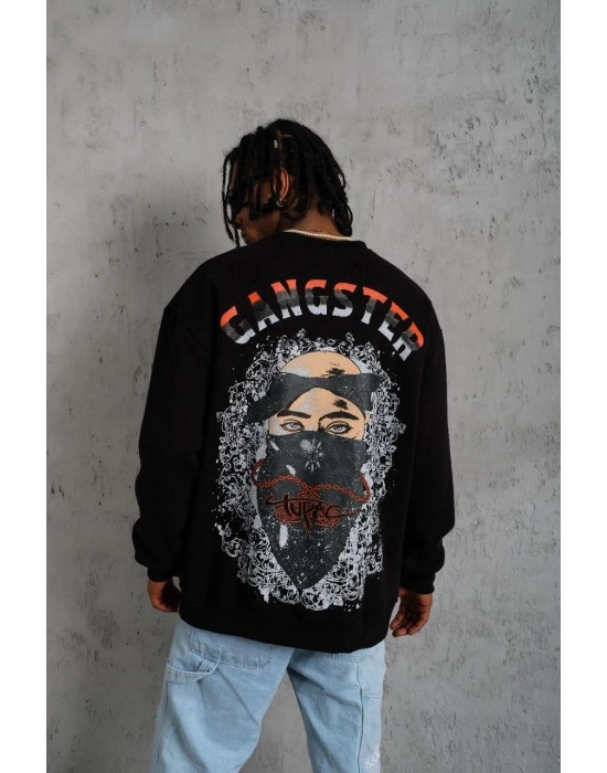 Erkek 3 İplik Pamuklu Bisiklet Yaka Gangster Baskılı Sweatshirt - Siyah
