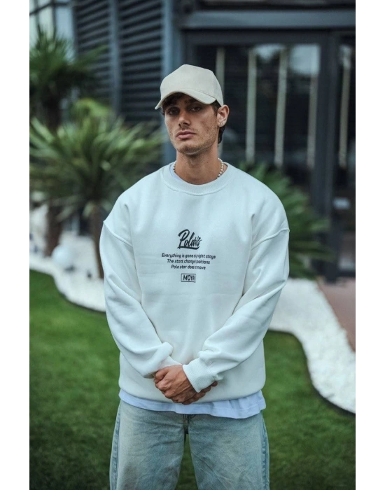 Erkek 3 iplik pamuklu Bisiklet Yaka Ön Ve Arka Baskılı SweatShirt - Beyaz