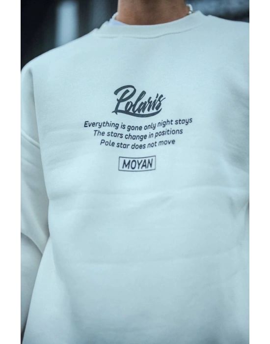 Erkek 3 iplik pamuklu Bisiklet Yaka Ön Ve Arka Baskılı SweatShirt - Beyaz
