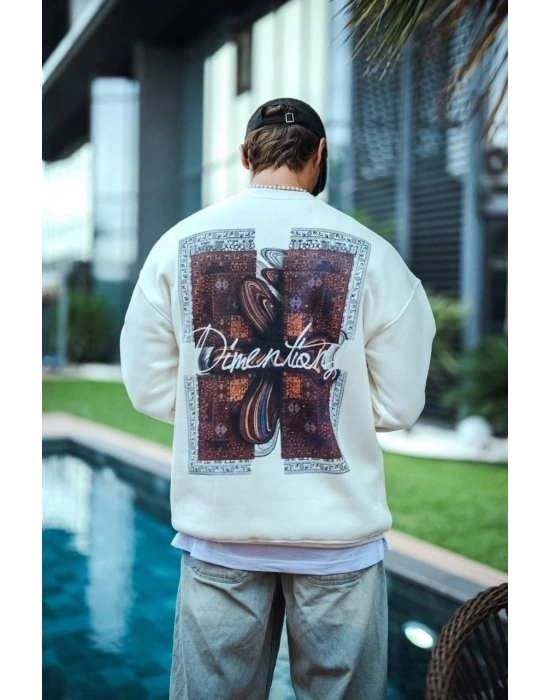 Erkek 3 iplik pamuklu Bisiklet Yaka Ön ve Arka Baskılı SweatShirt - Beyaz