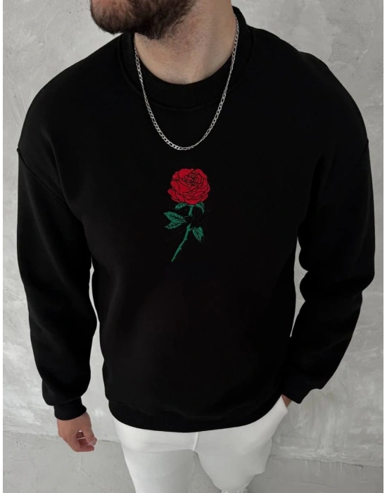 ERKEK 3 iplik Pamuklu Bisiklet Yaka Ön Ve Arka Baskılı SweatShirt - Siyah