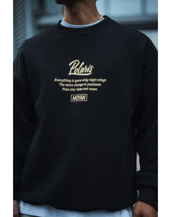 Erkek 3 iplik pamuklu Bisiklet Yaka Ön Ve Arka Baskılı SweatShirt - Siyah