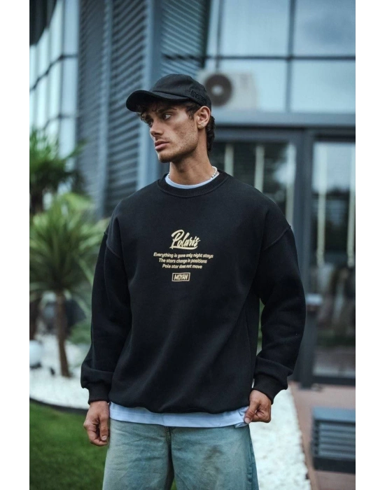 Erkek 3 iplik pamuklu Bisiklet Yaka Ön Ve Arka Baskılı SweatShirt - Siyah