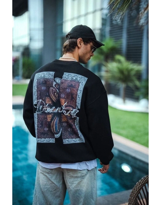 Erkek 3 iplik pamuklu Bisiklet Yaka Ön ve Arka Baskılı SweatShirt - Siyah