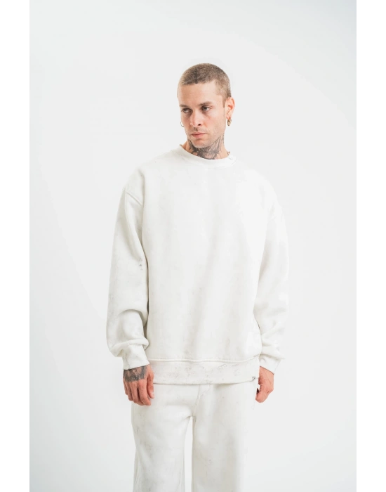 ERKEK 3 İplik Pamuklu Bisiklet Yaka Yıkamalı SweatShirt - Beyaz