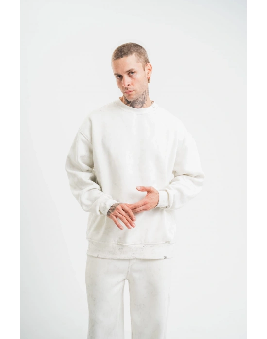ERKEK 3 İplik Pamuklu Bisiklet Yaka Yıkamalı SweatShirt - Beyaz