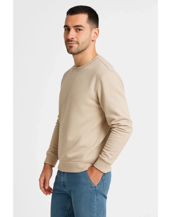 Erkek 3 İplik Pamuklu Düz Bisiklet Yaka SweatShirt - Bej