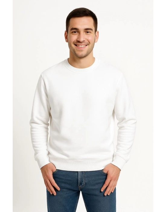 Erkek 3 İplik Pamuklu Düz Bisiklet Yaka SweatShirt - Beyaz