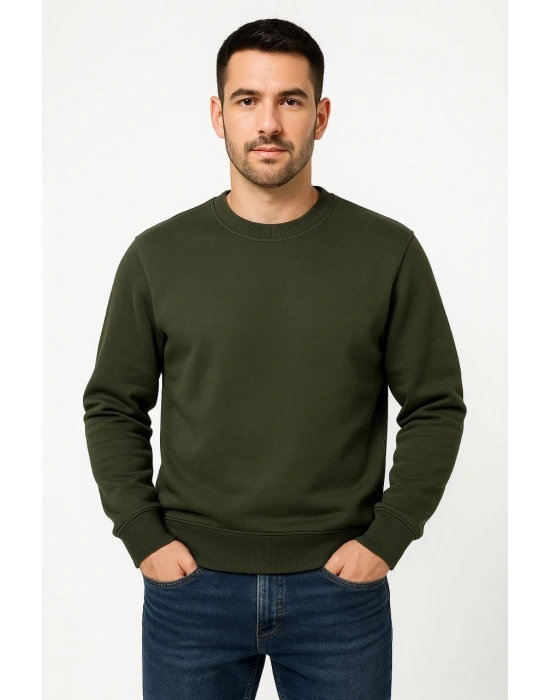 Erkek 3 İplik Pamuklu Düz Bisiklet Yaka SweatShirt - Haki