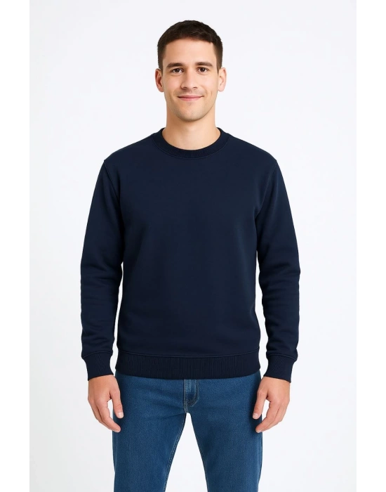 Erkek 3 İplik Pamuklu Düz Bisiklet Yaka SweatShirt - Lacivert