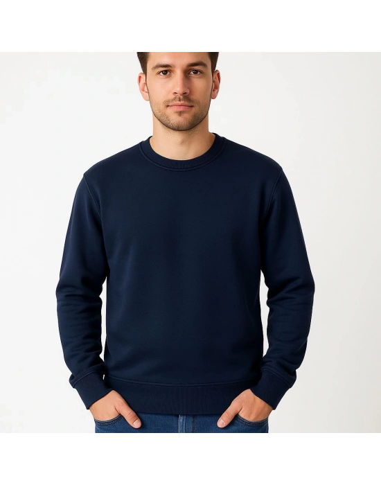 Erkek 3 İplik Pamuklu Düz Bisiklet Yaka SweatShirt - Lacivert