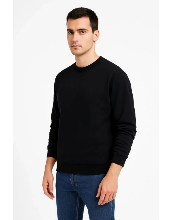 Erkek 3 İplik Pamuklu Düz Bisiklet Yaka SweatShirt - Siyah